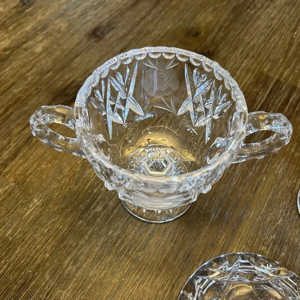 Vintage Cut Crystal Creamer & Covered Sugar Bowl Set Etched Rose Footed Floral